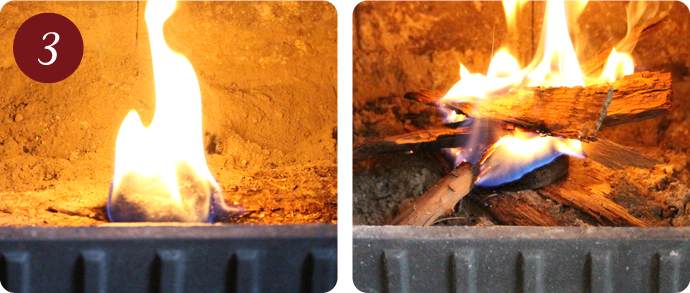 3　全体が燃え出したら、小枝や焚き付け剤等を投入し、炎が大きくなったら薪・炭等をくべてください。約17分以上燃焼します。